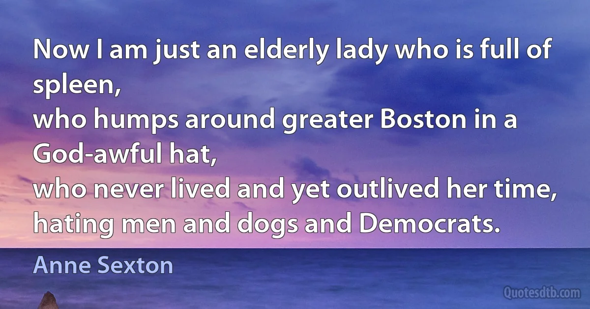 Now I am just an elderly lady who is full of spleen,
who humps around greater Boston in a God-awful hat,
who never lived and yet outlived her time,
hating men and dogs and Democrats. (Anne Sexton)