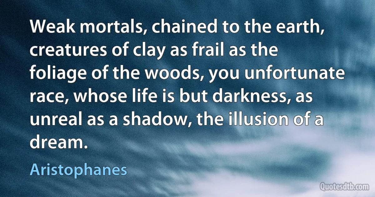 Weak mortals, chained to the earth, creatures of clay as frail as the foliage of the woods, you unfortunate race, whose life is but darkness, as unreal as a shadow, the illusion of a dream. (Aristophanes)