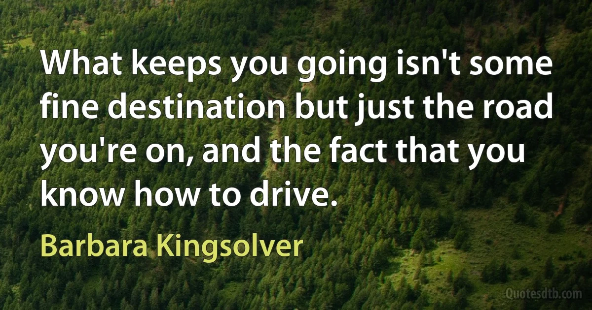 What keeps you going isn't some fine destination but just the road you're on, and the fact that you know how to drive. (Barbara Kingsolver)