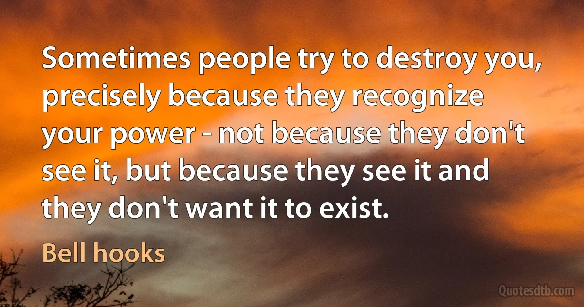 Sometimes people try to destroy you, precisely because they recognize your power - not because they don't see it, but because they see it and they don't want it to exist. (Bell hooks)