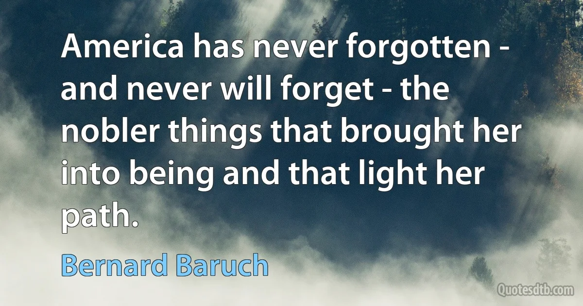 America has never forgotten - and never will forget - the nobler things that brought her into being and that light her path. (Bernard Baruch)