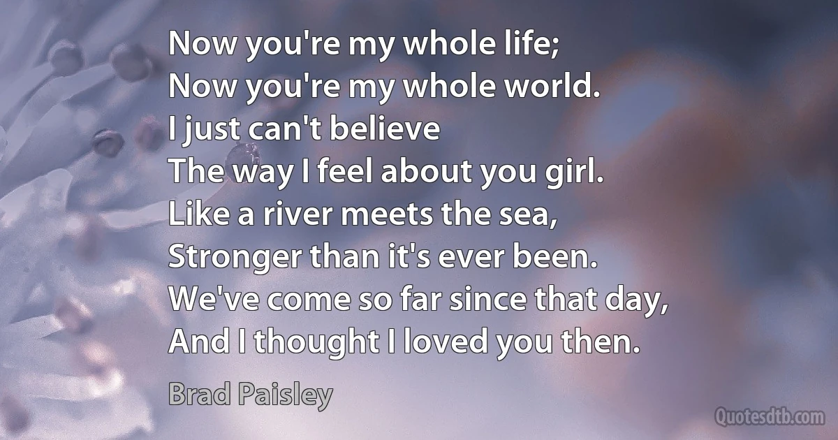 Now you're my whole life;
Now you're my whole world.
I just can't believe
The way I feel about you girl.
Like a river meets the sea,
Stronger than it's ever been.
We've come so far since that day,
And I thought I loved you then. (Brad Paisley)