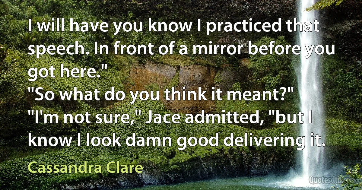 I will have you know I practiced that speech. In front of a mirror before you got here."
"So what do you think it meant?"
"I'm not sure," Jace admitted, "but I know I look damn good delivering it. (Cassandra Clare)