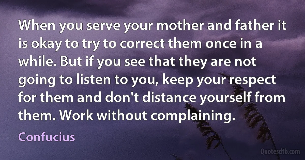 When you serve your mother and father it is okay to try to correct them once in a while. But if you see that they are not going to listen to you, keep your respect for them and don't distance yourself from them. Work without complaining. (Confucius)