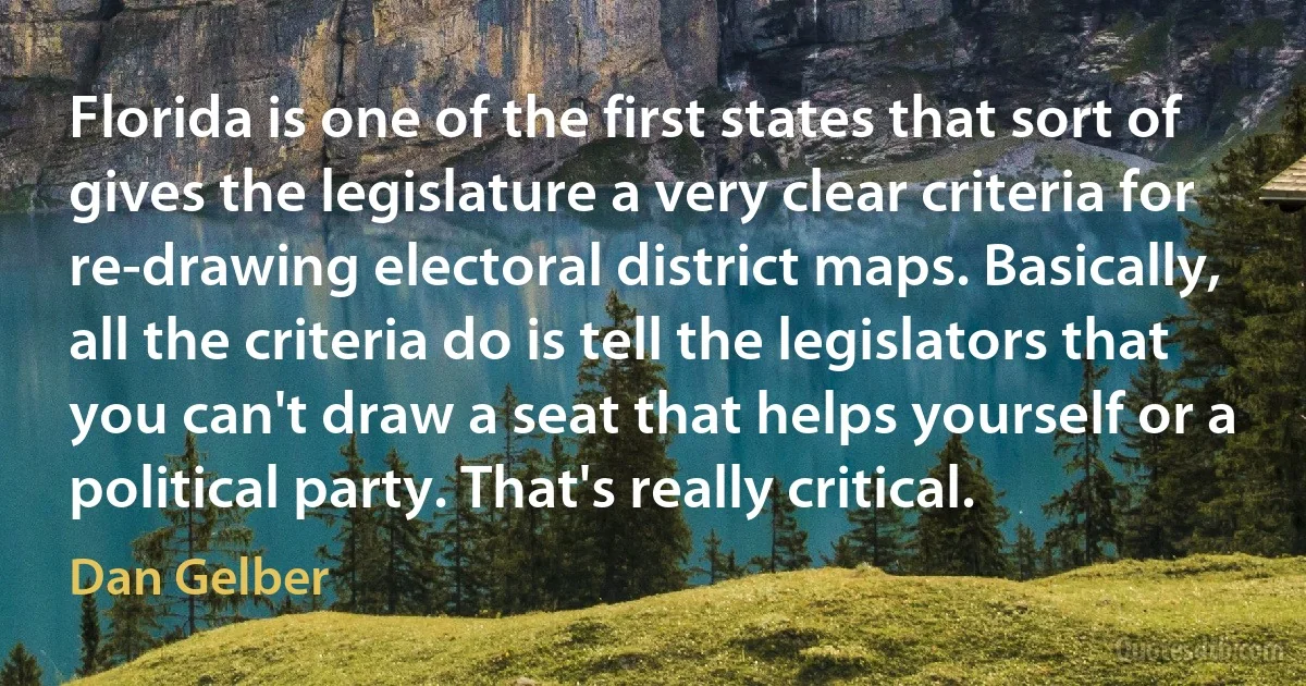 Florida is one of the first states that sort of gives the legislature a very clear criteria for re-drawing electoral district maps. Basically, all the criteria do is tell the legislators that you can't draw a seat that helps yourself or a political party. That's really critical. (Dan Gelber)