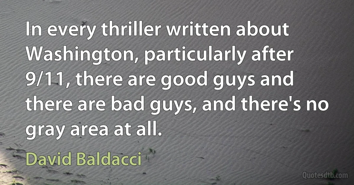 In every thriller written about Washington, particularly after 9/11, there are good guys and there are bad guys, and there's no gray area at all. (David Baldacci)