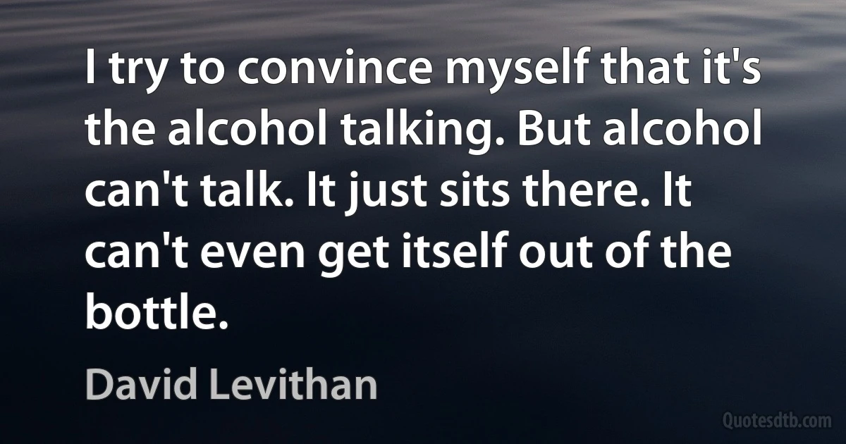 I try to convince myself that it's the alcohol talking. But alcohol can't talk. It just sits there. It can't even get itself out of the bottle. (David Levithan)