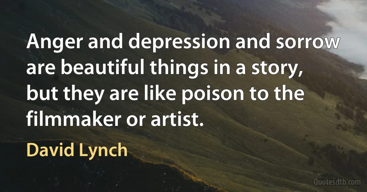 Anger and depression and sorrow are beautiful things in a story, but they are like poison to the filmmaker or artist. (David Lynch)