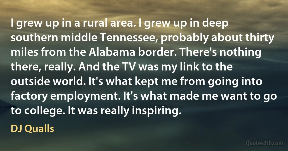 I grew up in a rural area. I grew up in deep southern middle Tennessee, probably about thirty miles from the Alabama border. There's nothing there, really. And the TV was my link to the outside world. It's what kept me from going into factory employment. It's what made me want to go to college. It was really inspiring. (DJ Qualls)