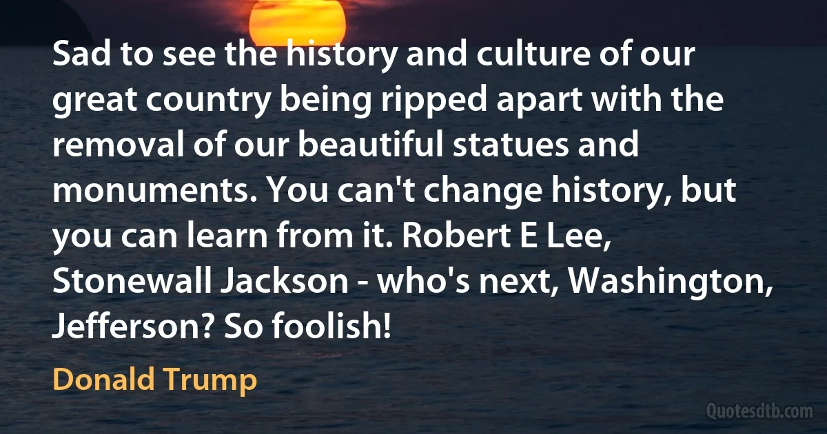 Sad to see the history and culture of our great country being ripped apart with the removal of our beautiful statues and monuments. You can't change history, but you can learn from it. Robert E Lee, Stonewall Jackson - who's next, Washington, Jefferson? So foolish! (Donald Trump)