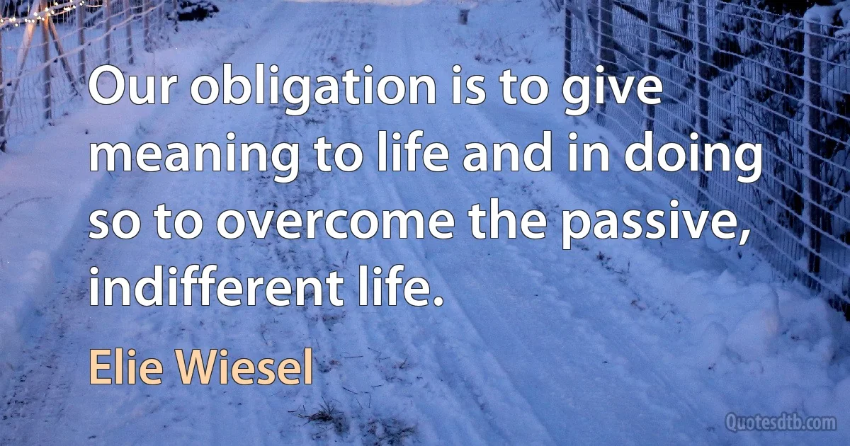 Our obligation is to give meaning to life and in doing so to overcome the passive, indifferent life. (Elie Wiesel)