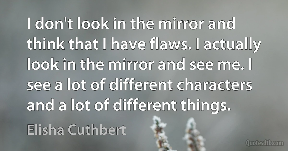 I don't look in the mirror and think that I have flaws. I actually look in the mirror and see me. I see a lot of different characters and a lot of different things. (Elisha Cuthbert)