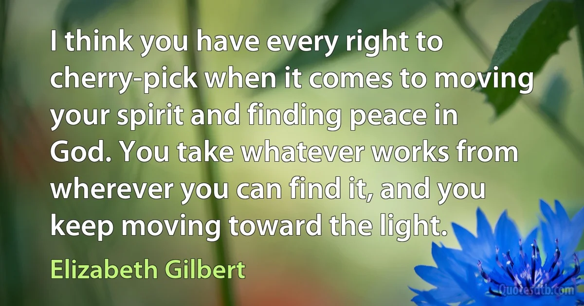 I think you have every right to cherry-pick when it comes to moving your spirit and finding peace in God. You take whatever works from wherever you can find it, and you keep moving toward the light. (Elizabeth Gilbert)