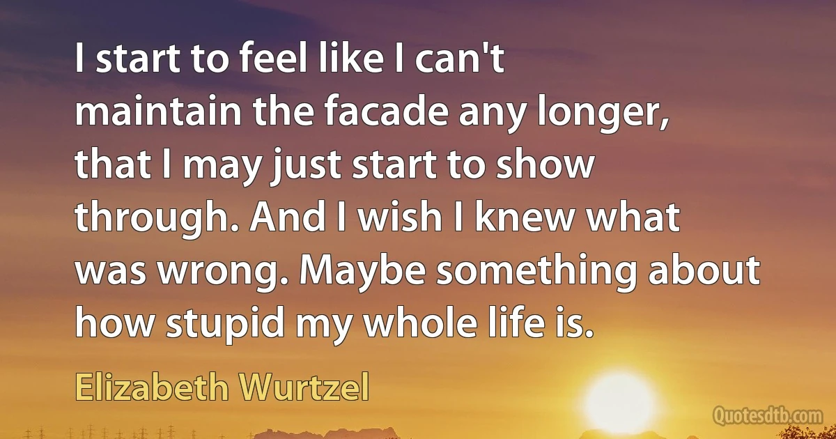 I start to feel like I can't maintain the facade any longer, that I may just start to show through. And I wish I knew what was wrong. Maybe something about how stupid my whole life is. (Elizabeth Wurtzel)