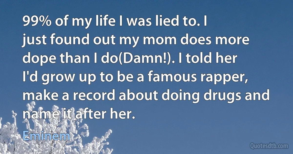 99% of my life I was lied to. I just found out my mom does more dope than I do(Damn!). I told her I'd grow up to be a famous rapper, make a record about doing drugs and name it after her. (Eminem)