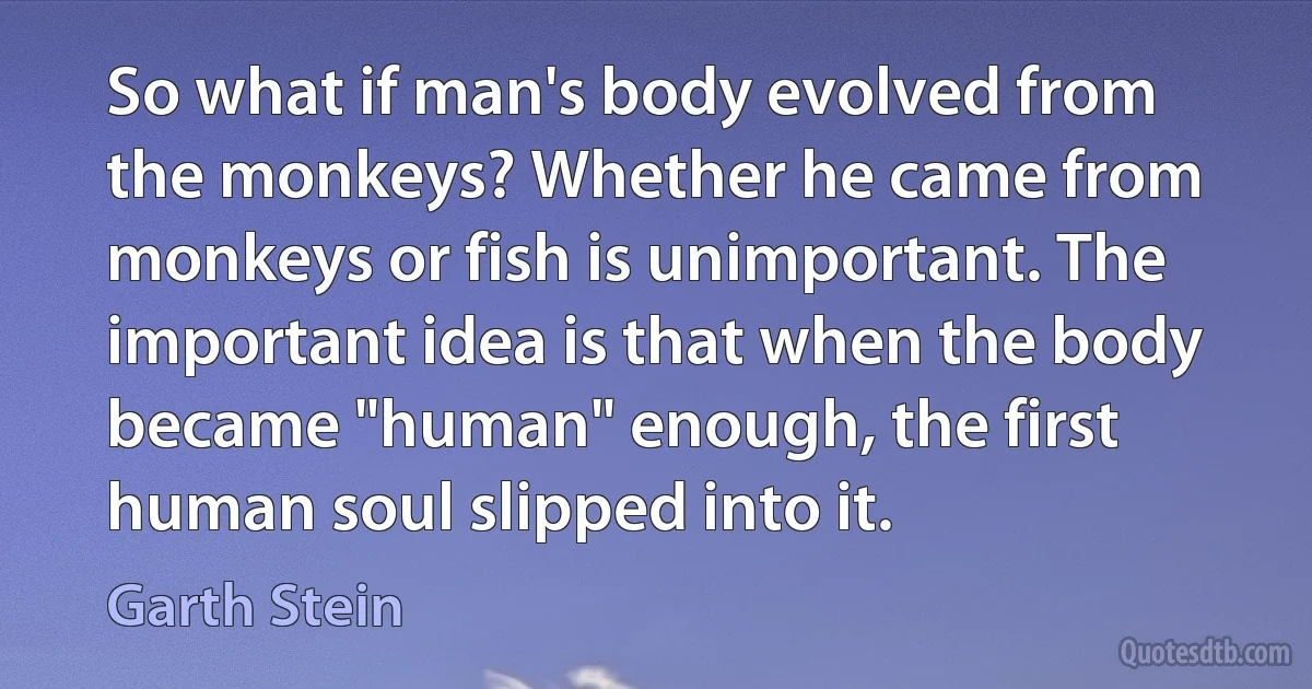 So what if man's body evolved from the monkeys? Whether he came from monkeys or fish is unimportant. The important idea is that when the body became "human" enough, the first human soul slipped into it. (Garth Stein)