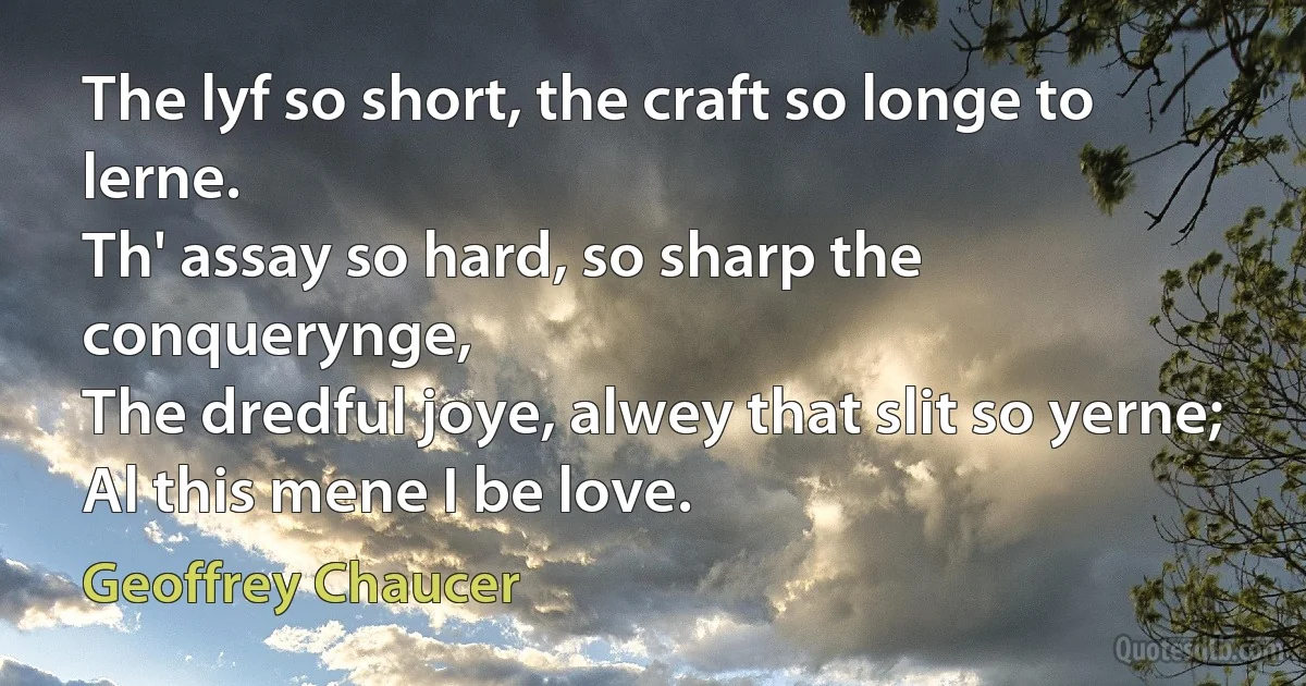 The lyf so short, the craft so longe to lerne.
Th' assay so hard, so sharp the conquerynge,
The dredful joye, alwey that slit so yerne;
Al this mene I be love. (Geoffrey Chaucer)