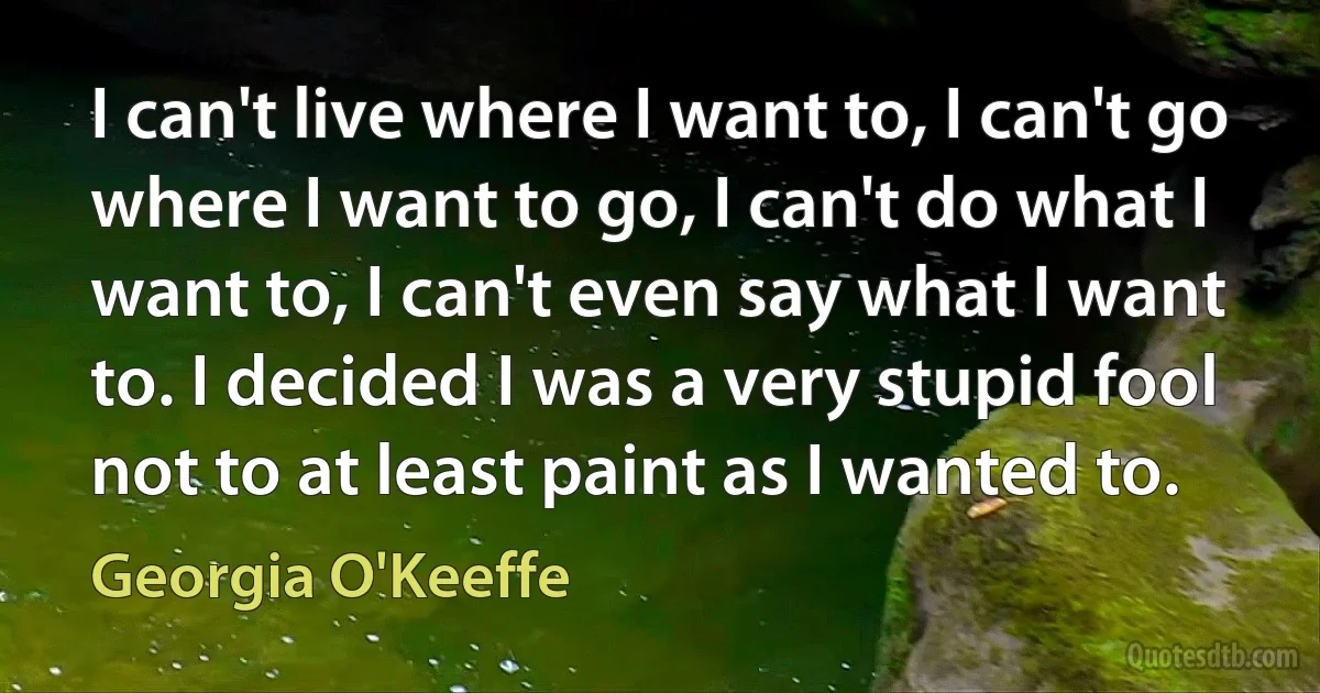 I can't live where I want to, I can't go where I want to go, I can't do what I want to, I can't even say what I want to. I decided I was a very stupid fool not to at least paint as I wanted to. (Georgia O'Keeffe)