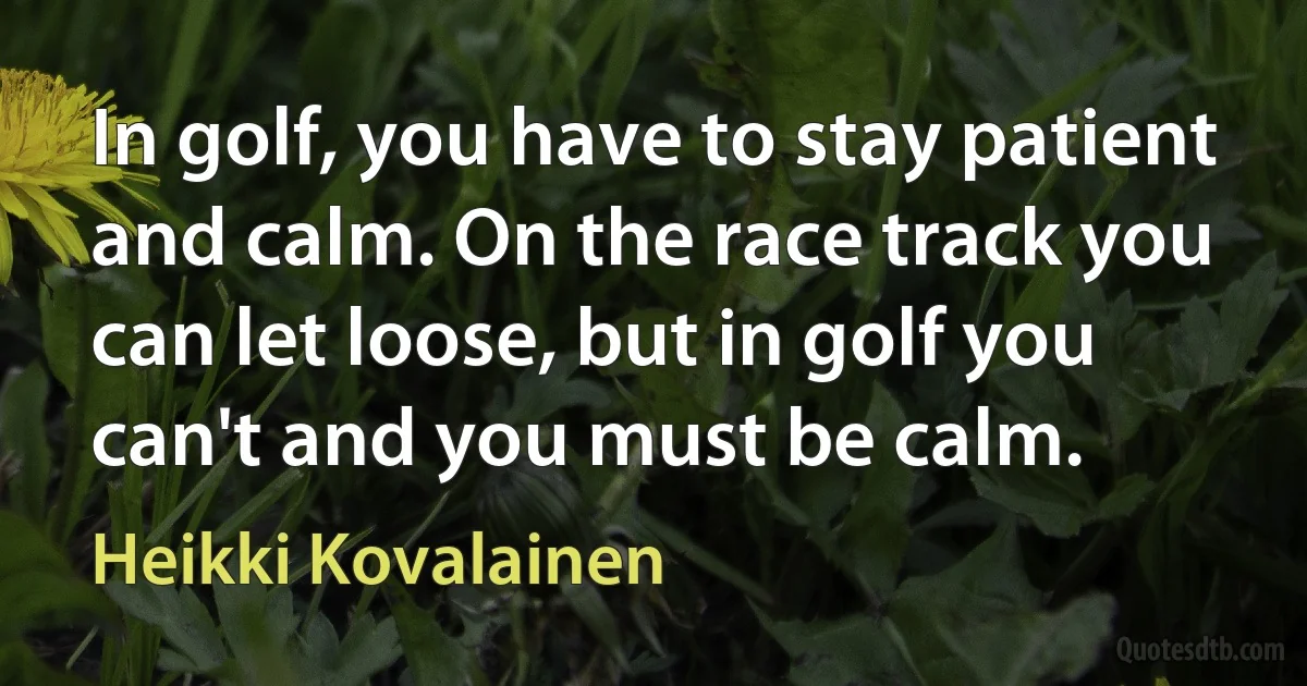 In golf, you have to stay patient and calm. On the race track you can let loose, but in golf you can't and you must be calm. (Heikki Kovalainen)