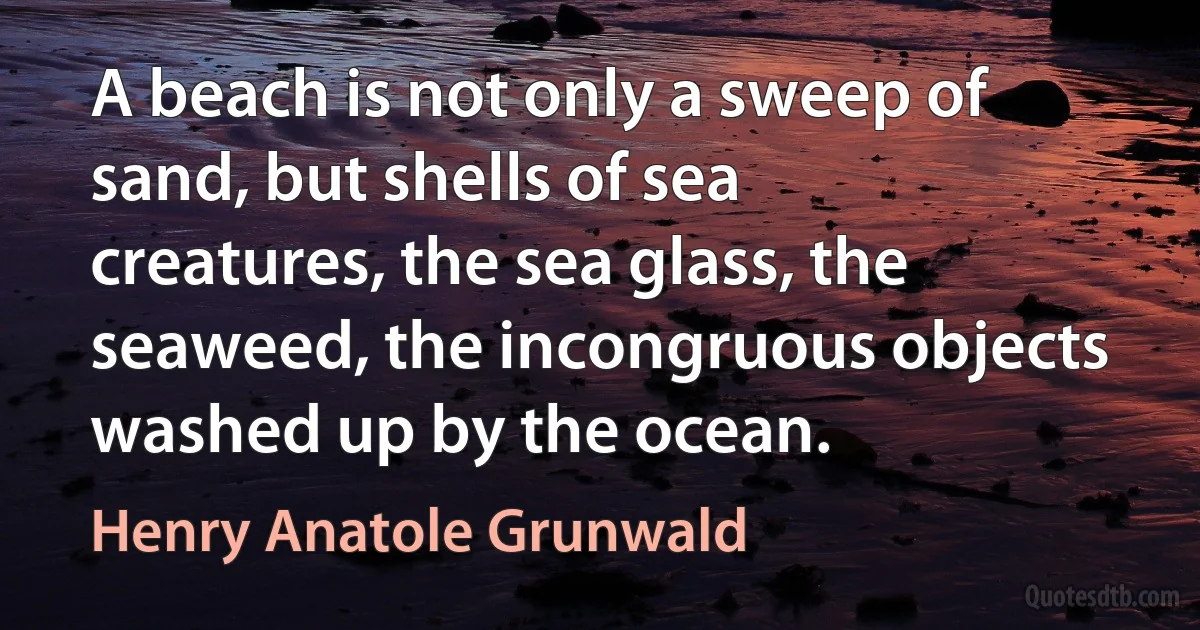 A beach is not only a sweep of sand, but shells of sea creatures, the sea glass, the seaweed, the incongruous objects washed up by the ocean. (Henry Anatole Grunwald)