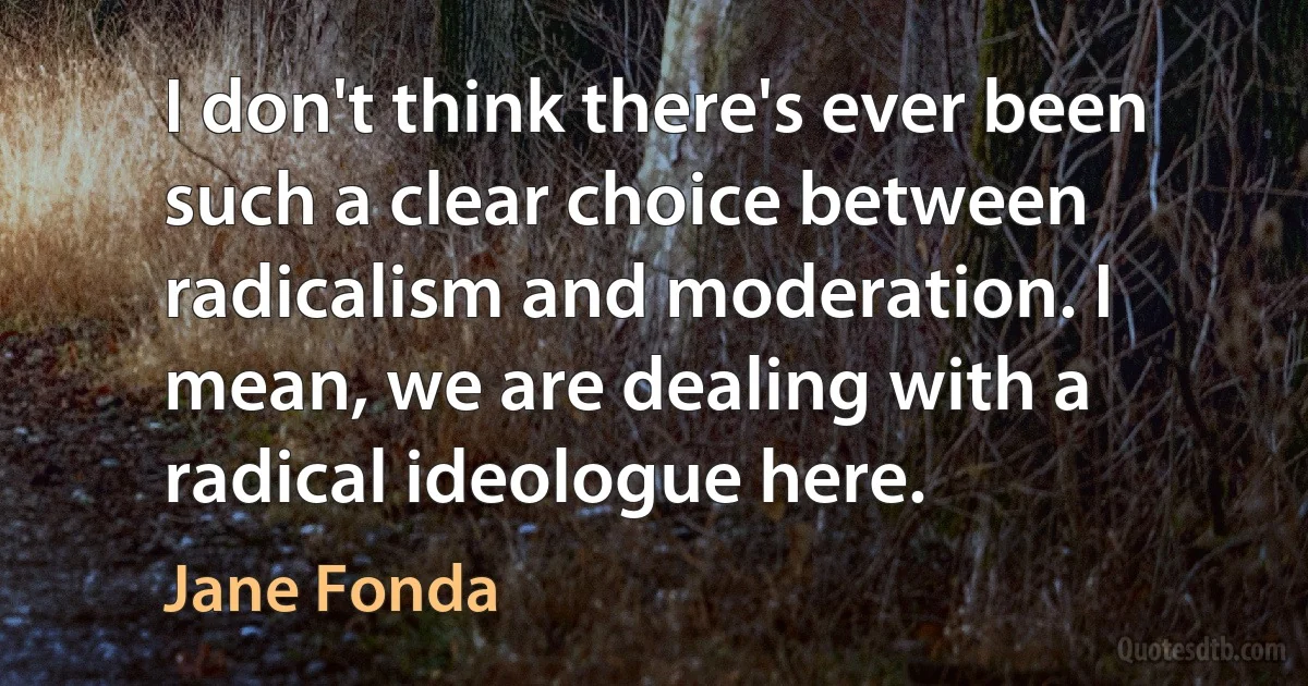 I don't think there's ever been such a clear choice between radicalism and moderation. I mean, we are dealing with a radical ideologue here. (Jane Fonda)