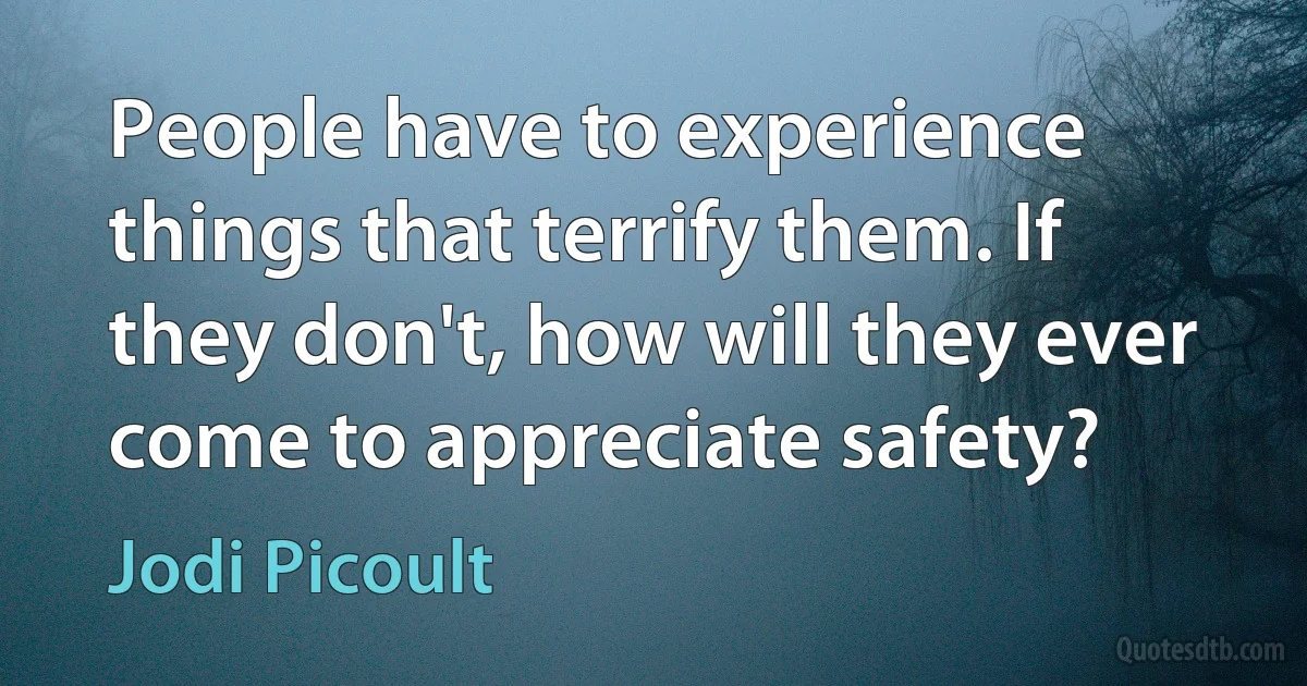 People have to experience things that terrify them. If they don't, how will they ever come to appreciate safety? (Jodi Picoult)