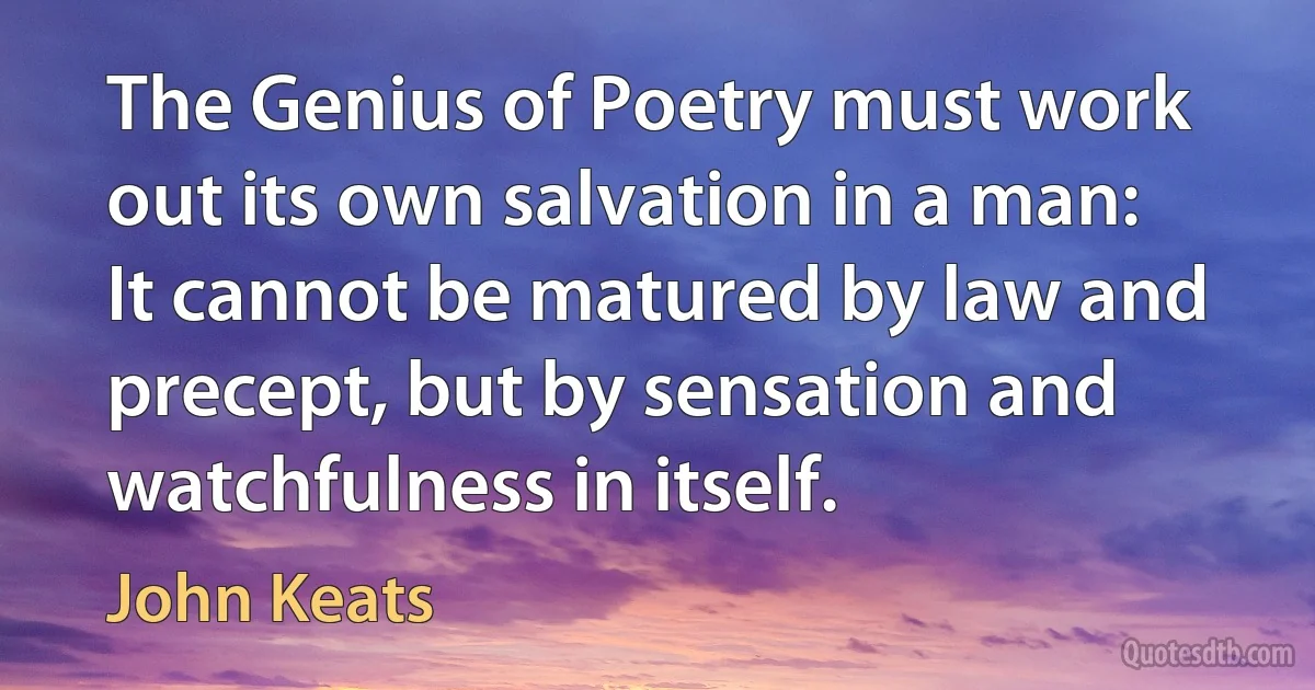 The Genius of Poetry must work out its own salvation in a man: It cannot be matured by law and precept, but by sensation and watchfulness in itself. (John Keats)