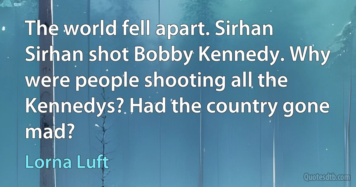 The world fell apart. Sirhan Sirhan shot Bobby Kennedy. Why were people shooting all the Kennedys? Had the country gone mad? (Lorna Luft)