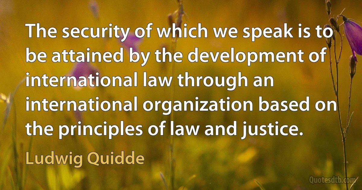 The security of which we speak is to be attained by the development of international law through an international organization based on the principles of law and justice. (Ludwig Quidde)