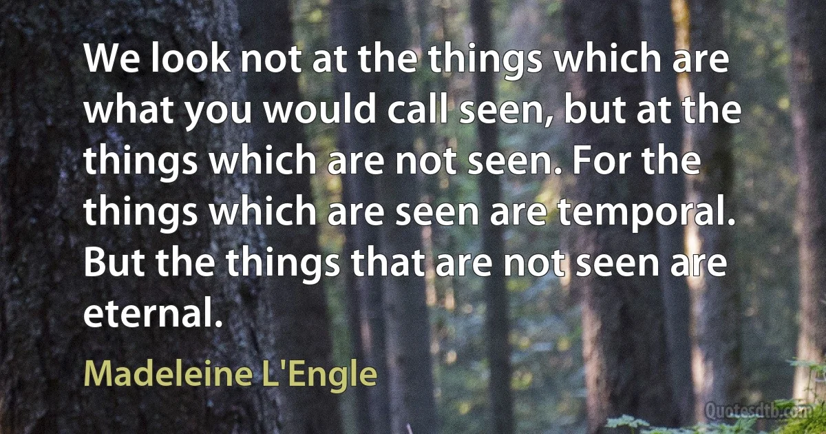 We look not at the things which are what you would call seen, but at the things which are not seen. For the things which are seen are temporal. But the things that are not seen are eternal. (Madeleine L'Engle)