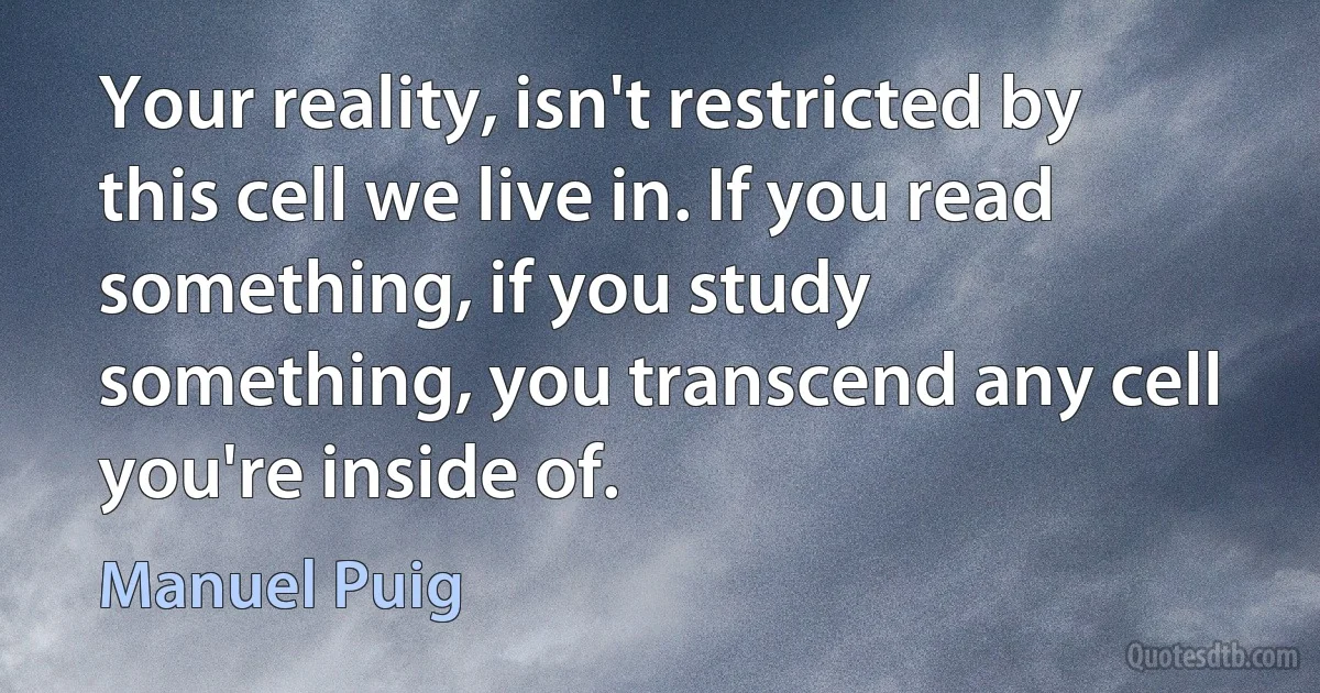 Your reality, isn't restricted by this cell we live in. If you read something, if you study something, you transcend any cell you're inside of. (Manuel Puig)