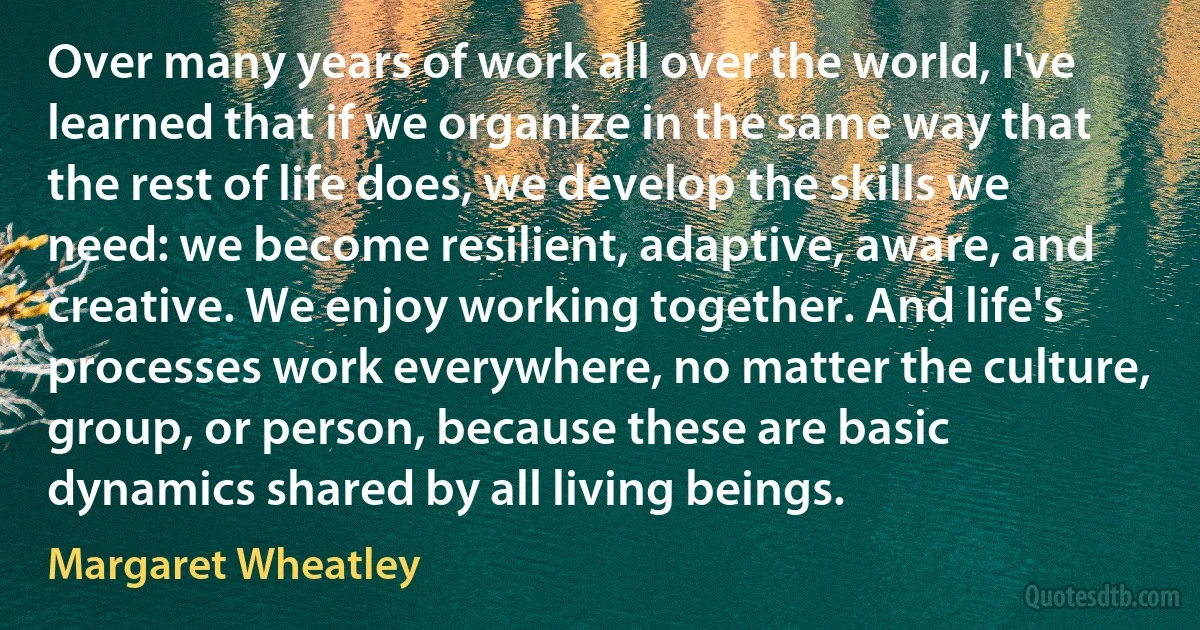 Over many years of work all over the world, I've learned that if we organize in the same way that the rest of life does, we develop the skills we need: we become resilient, adaptive, aware, and creative. We enjoy working together. And life's processes work everywhere, no matter the culture, group, or person, because these are basic dynamics shared by all living beings. (Margaret Wheatley)