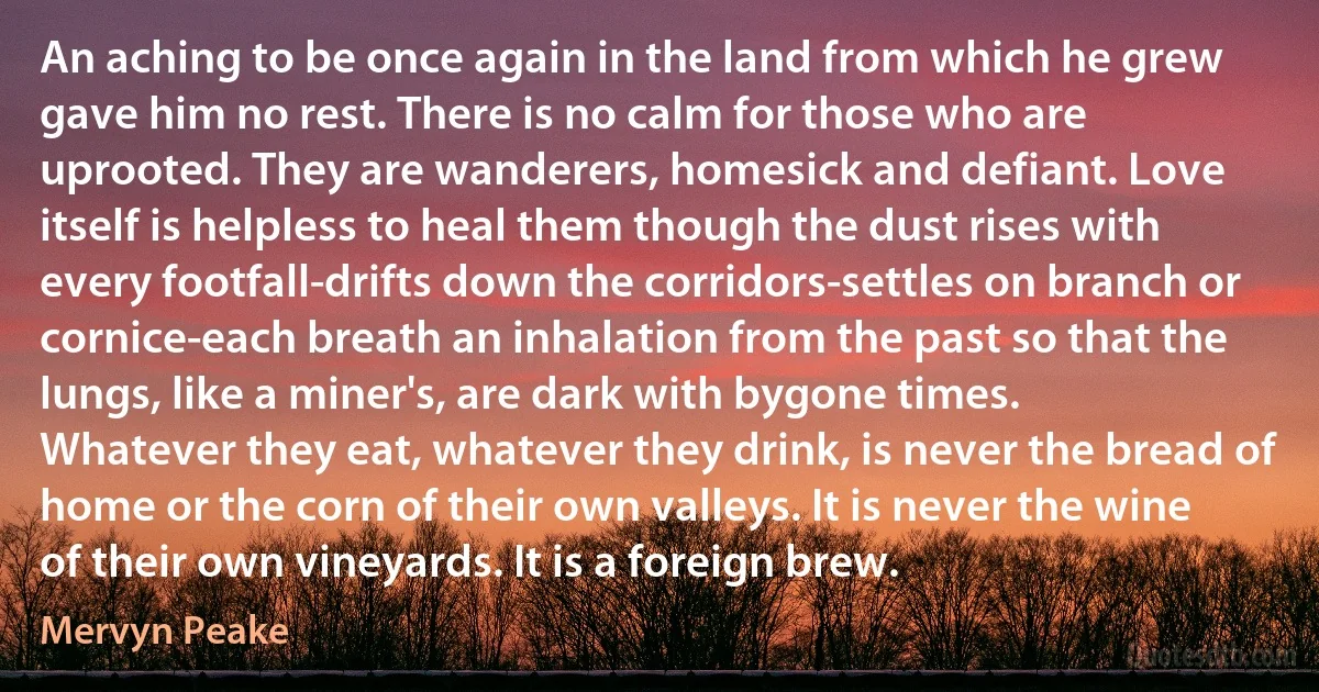 An aching to be once again in the land from which he grew gave him no rest. There is no calm for those who are uprooted. They are wanderers, homesick and defiant. Love itself is helpless to heal them though the dust rises with every footfall-drifts down the corridors-settles on branch or cornice-each breath an inhalation from the past so that the lungs, like a miner's, are dark with bygone times.
Whatever they eat, whatever they drink, is never the bread of home or the corn of their own valleys. It is never the wine of their own vineyards. It is a foreign brew. (Mervyn Peake)