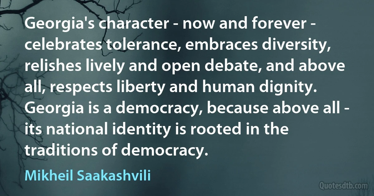 Georgia's character - now and forever - celebrates tolerance, embraces diversity, relishes lively and open debate, and above all, respects liberty and human dignity. Georgia is a democracy, because above all - its national identity is rooted in the traditions of democracy. (Mikheil Saakashvili)