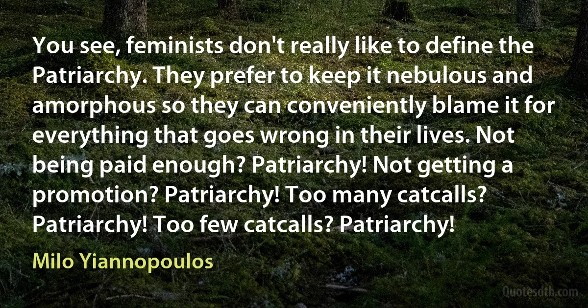 You see, feminists don't really like to define the Patriarchy. They prefer to keep it nebulous and amorphous so they can conveniently blame it for everything that goes wrong in their lives. Not being paid enough? Patriarchy! Not getting a promotion? Patriarchy! Too many catcalls? Patriarchy! Too few catcalls? Patriarchy! (Milo Yiannopoulos)