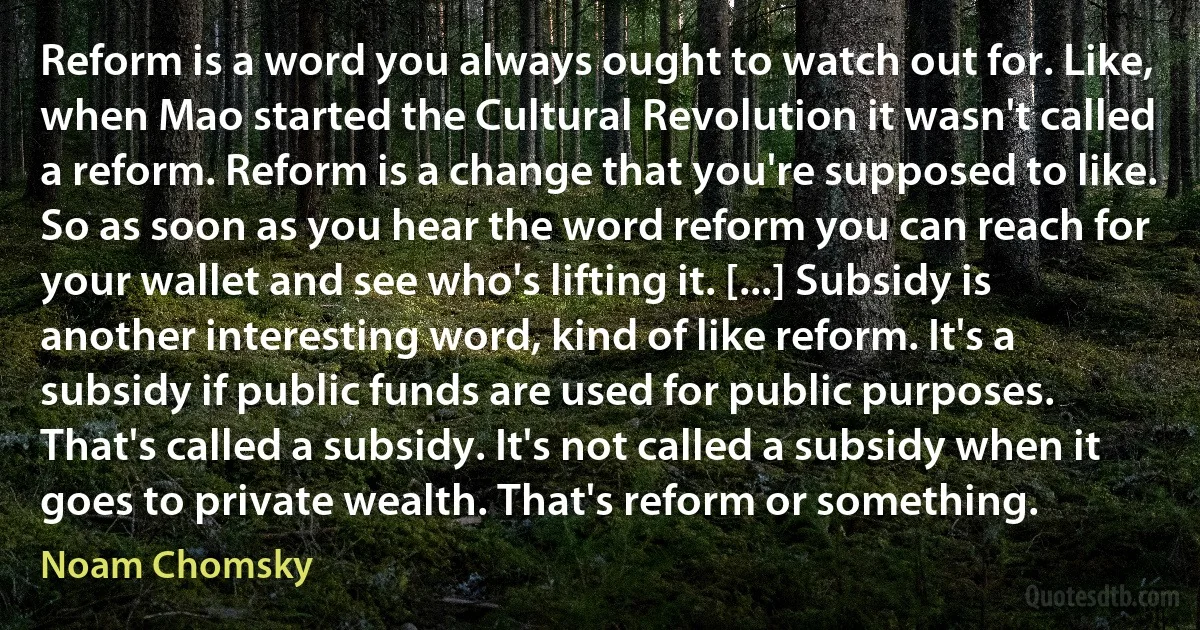 Reform is a word you always ought to watch out for. Like, when Mao started the Cultural Revolution it wasn't called a reform. Reform is a change that you're supposed to like. So as soon as you hear the word reform you can reach for your wallet and see who's lifting it. [...] Subsidy is another interesting word, kind of like reform. It's a subsidy if public funds are used for public purposes. That's called a subsidy. It's not called a subsidy when it goes to private wealth. That's reform or something. (Noam Chomsky)