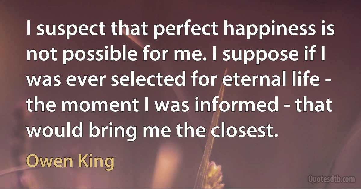 I suspect that perfect happiness is not possible for me. I suppose if I was ever selected for eternal life - the moment I was informed - that would bring me the closest. (Owen King)