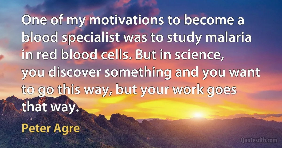 One of my motivations to become a blood specialist was to study malaria in red blood cells. But in science, you discover something and you want to go this way, but your work goes that way. (Peter Agre)