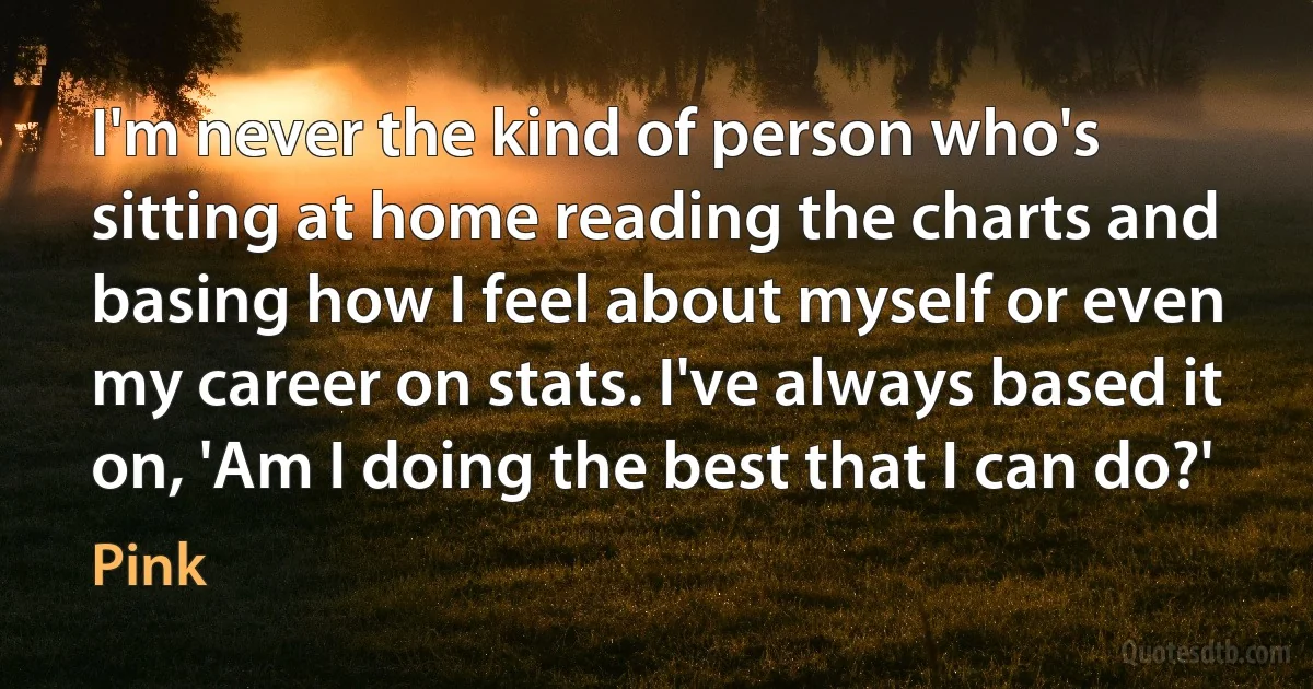 I'm never the kind of person who's sitting at home reading the charts and basing how I feel about myself or even my career on stats. I've always based it on, 'Am I doing the best that I can do?' (Pink)