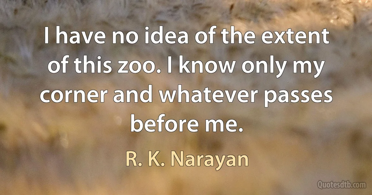 I have no idea of the extent of this zoo. I know only my corner and whatever passes before me. (R. K. Narayan)