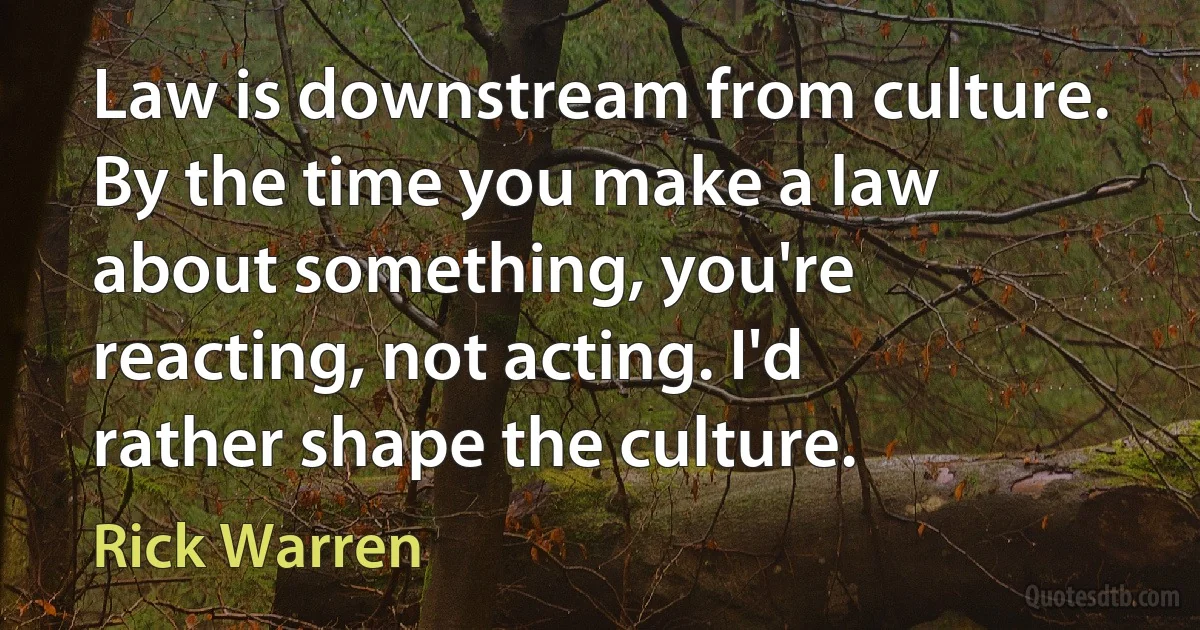 Law is downstream from culture. By the time you make a law about something, you're reacting, not acting. I'd rather shape the culture. (Rick Warren)