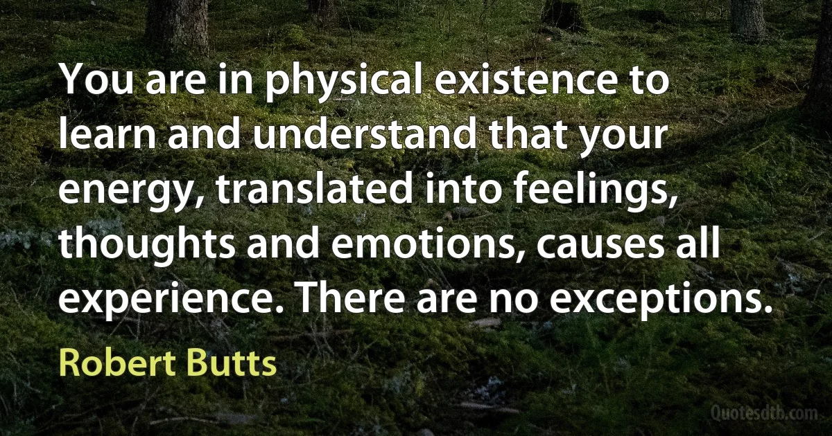 You are in physical existence to learn and understand that your energy, translated into feelings, thoughts and emotions, causes all experience. There are no exceptions. (Robert Butts)