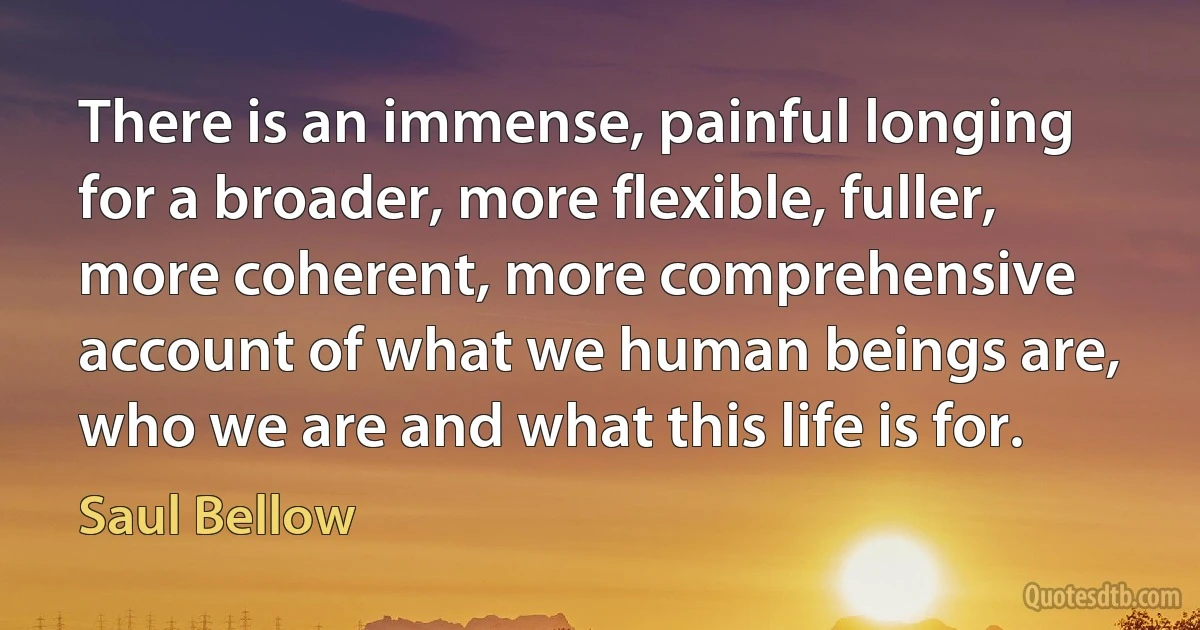 There is an immense, painful longing for a broader, more flexible, fuller, more coherent, more comprehensive account of what we human beings are, who we are and what this life is for. (Saul Bellow)