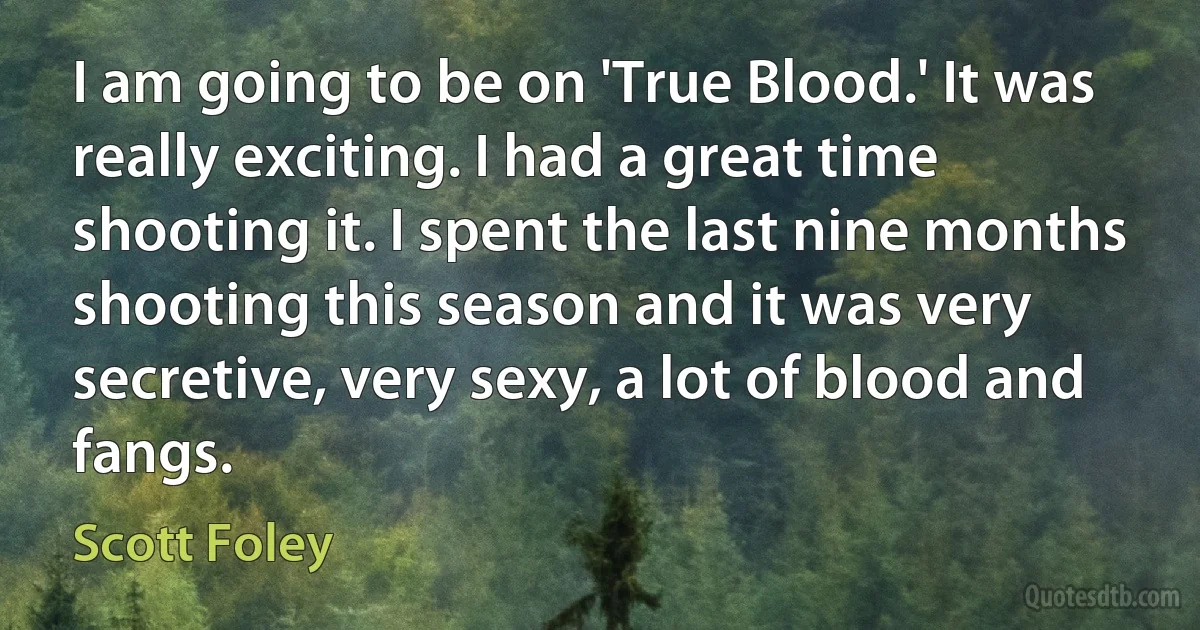 I am going to be on 'True Blood.' It was really exciting. I had a great time shooting it. I spent the last nine months shooting this season and it was very secretive, very sexy, a lot of blood and fangs. (Scott Foley)