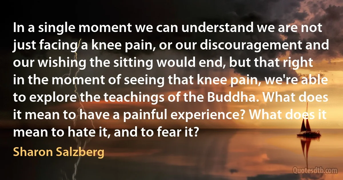 In a single moment we can understand we are not just facing a knee pain, or our discouragement and our wishing the sitting would end, but that right in the moment of seeing that knee pain, we're able to explore the teachings of the Buddha. What does it mean to have a painful experience? What does it mean to hate it, and to fear it? (Sharon Salzberg)