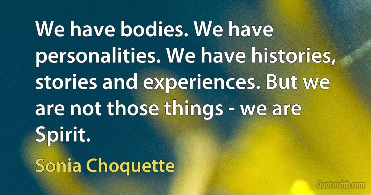 We have bodies. We have personalities. We have histories, stories and experiences. But we are not those things - we are Spirit. (Sonia Choquette)