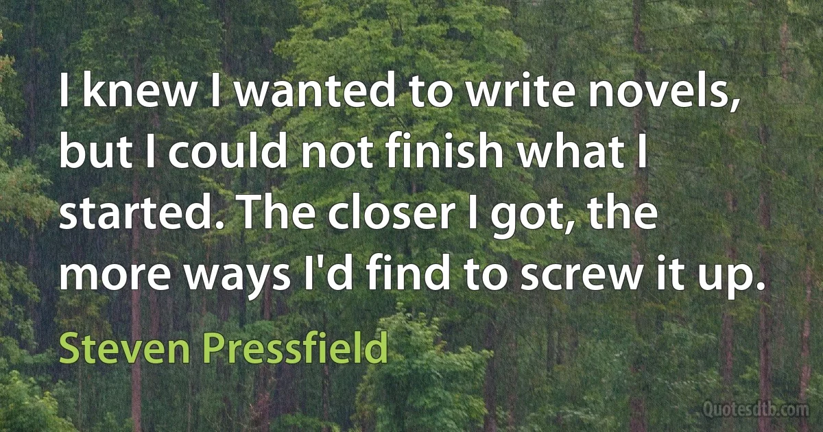 I knew I wanted to write novels, but I could not finish what I started. The closer I got, the more ways I'd find to screw it up. (Steven Pressfield)