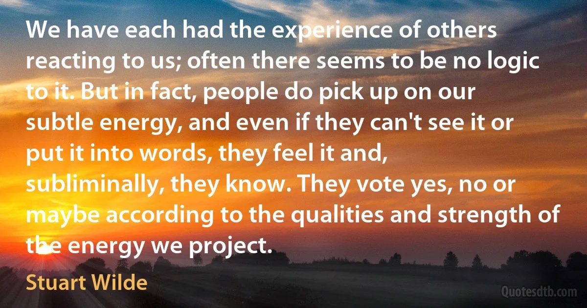 We have each had the experience of others reacting to us; often there seems to be no logic to it. But in fact, people do pick up on our subtle energy, and even if they can't see it or put it into words, they feel it and, subliminally, they know. They vote yes, no or maybe according to the qualities and strength of the energy we project. (Stuart Wilde)