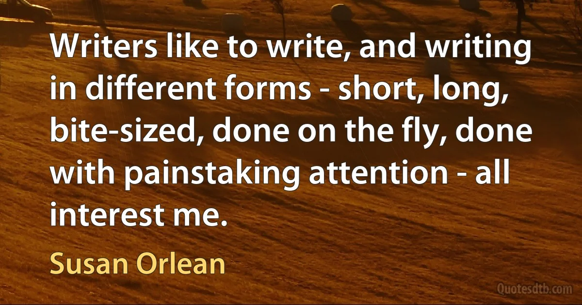 Writers like to write, and writing in different forms - short, long, bite-sized, done on the fly, done with painstaking attention - all interest me. (Susan Orlean)