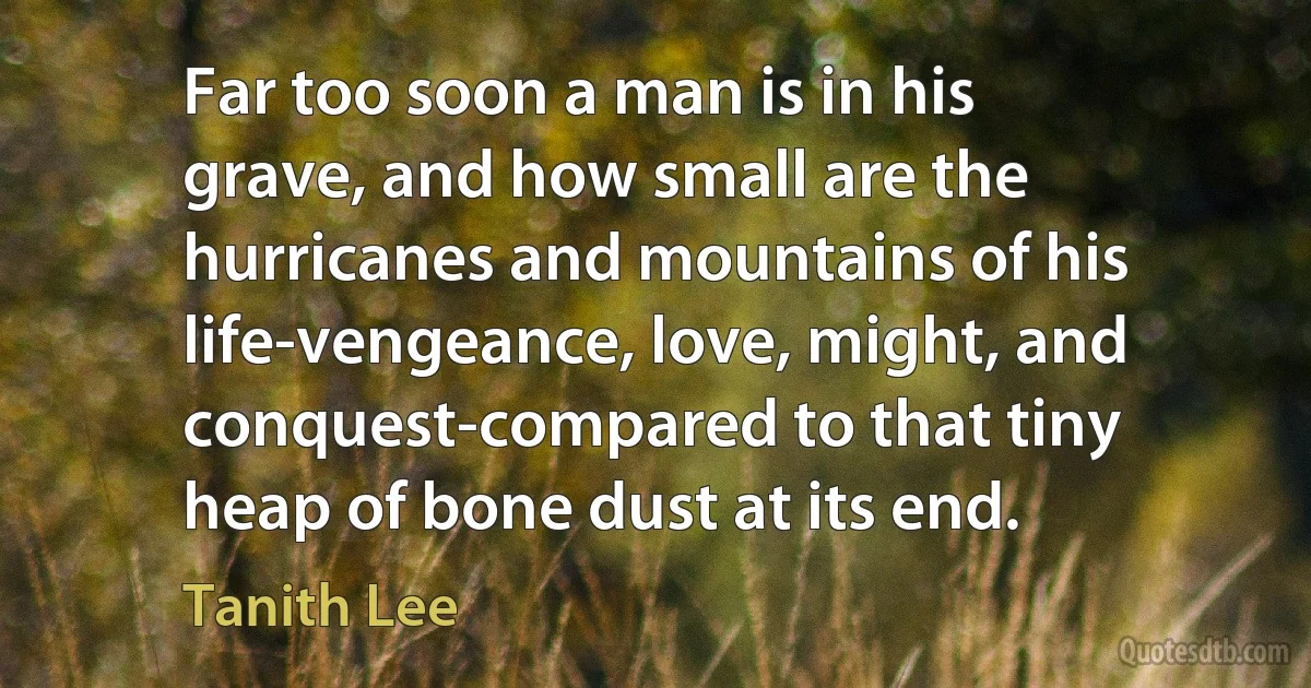 Far too soon a man is in his grave, and how small are the hurricanes and mountains of his life-vengeance, love, might, and conquest-compared to that tiny heap of bone dust at its end. (Tanith Lee)